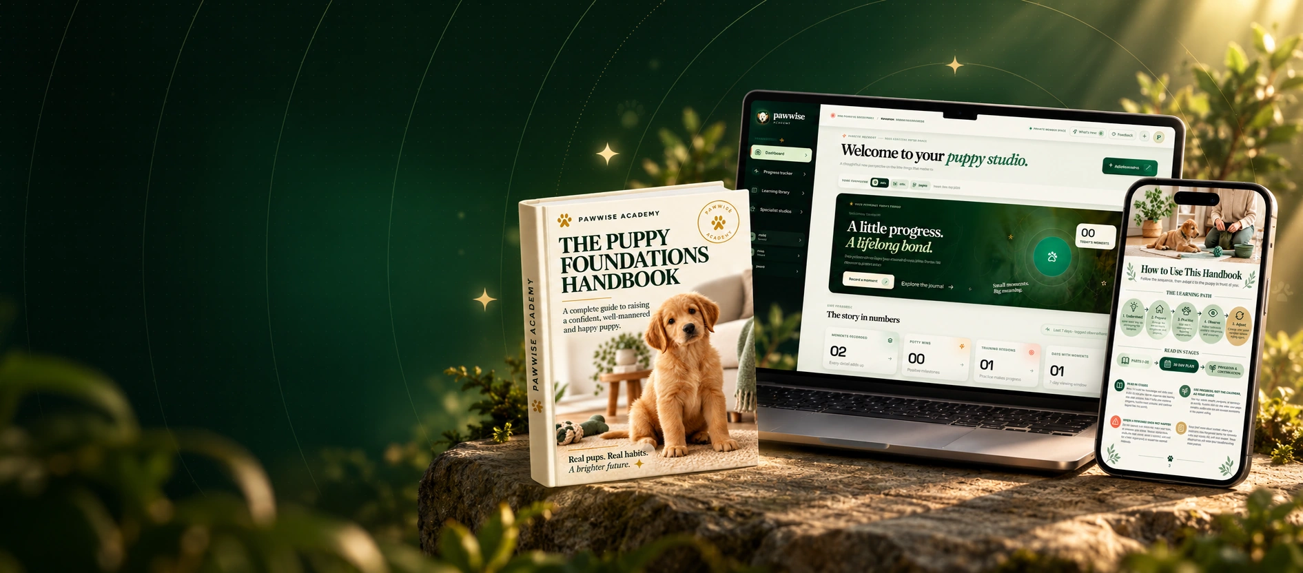 Pawwise Academy puppy training handbook, laptop studio and phone