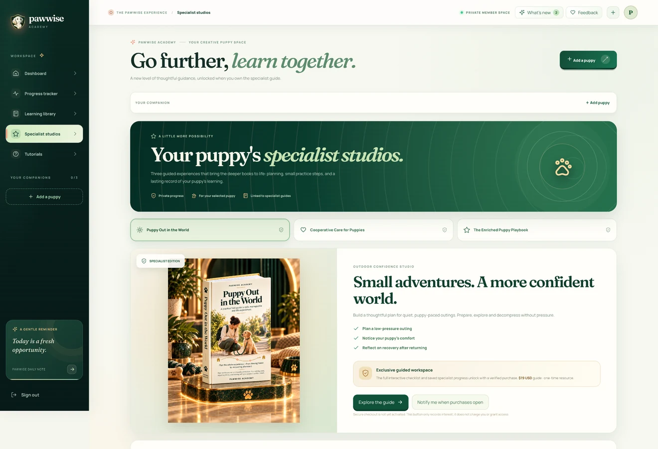 Actual Pawwise Specialist Studios page with the outdoor-guidance studio, its companion guide, and step-by-step activities.