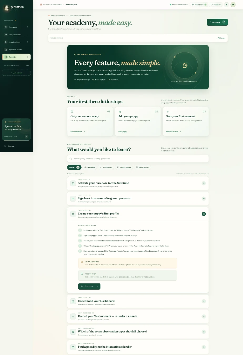 Actual Pawwise Tutorials interface showing the searchable help library, onboarding steps, and numbered instructions.